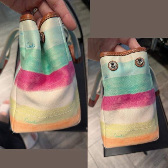 Coach, Hamptons Watercolor Canvas Mini Tote Bag, Multicolor Stripe, Leather Trim - Picture 12 of 15